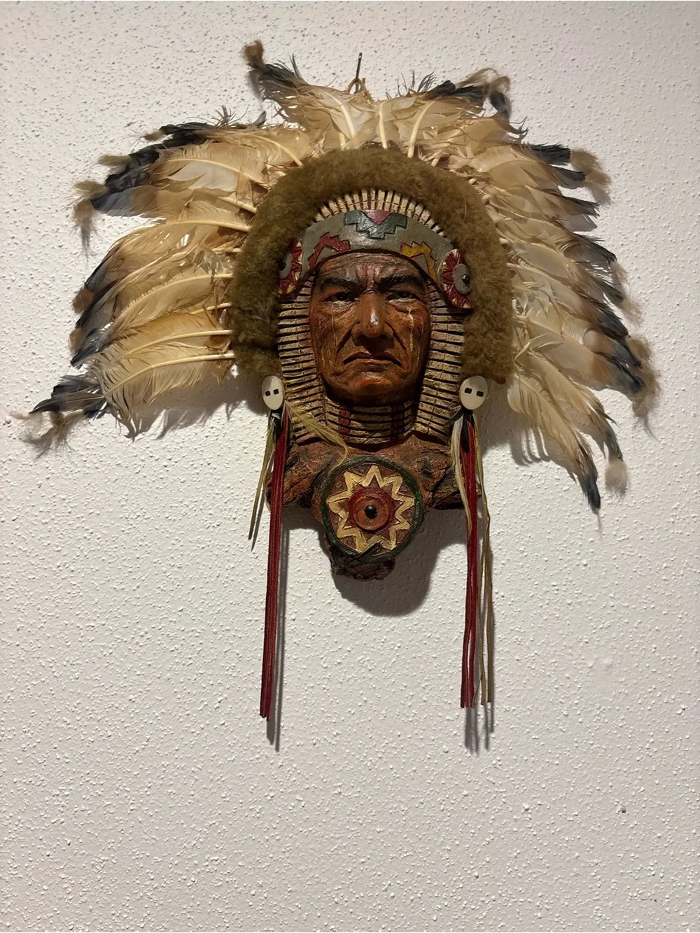 Native-Inspired Feather Wall Mask in Tan and Brown